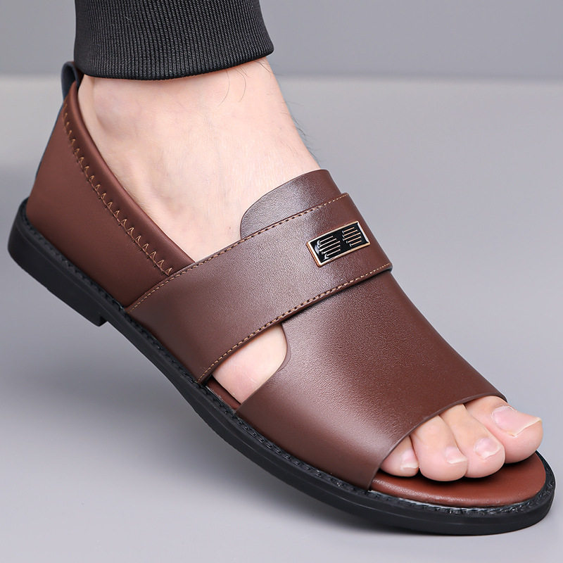 Dép sandal nam quai ngang kiểu La Mã da mềm chống trượt, hở ngón đi biển — Màu nâu , Đen