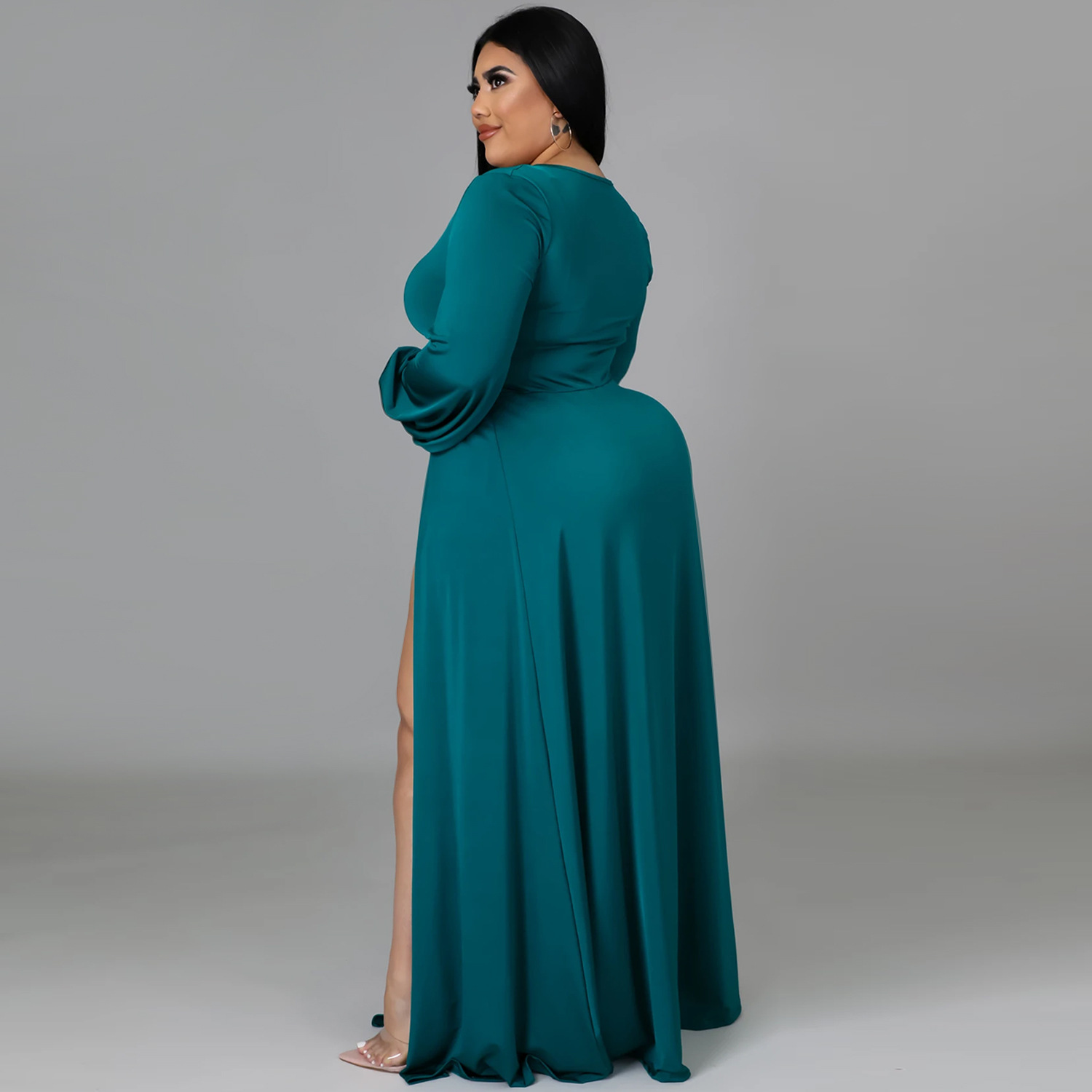 Solid Color Plus Size V-Neck Long-Sleeved Hollow Split Lace-Up Dress With-Separate-Panty NSXYZ110900