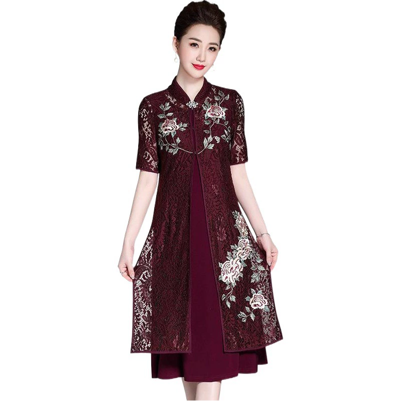 Летний новый стиль 2025: комплект для женщин среднего и старшего возраста для свадебных торжеств – вышитое платье средней длины и комплект из двух предметов с коротким рукавом для мам.
