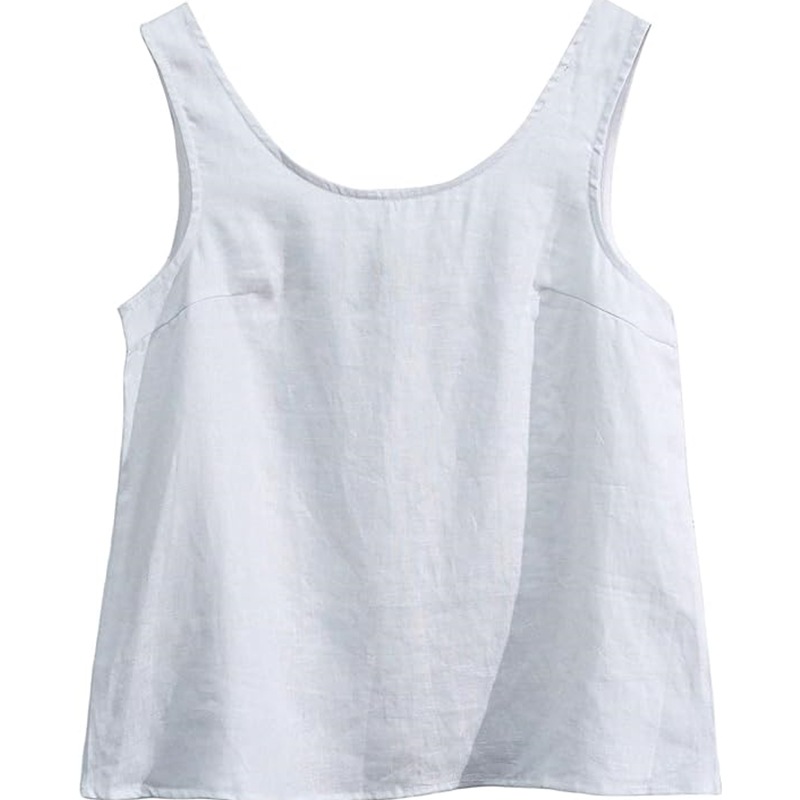 Women's Linen Vest Casual Summer Sleeveless Low round Neck Top_ecoleips.com
