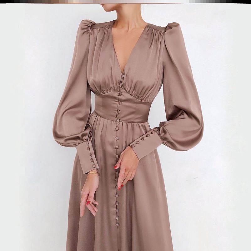 Lantern Sleeve Dress women Lantern Sleeve Elegant Dress Daily Wearable Silk Long Dress