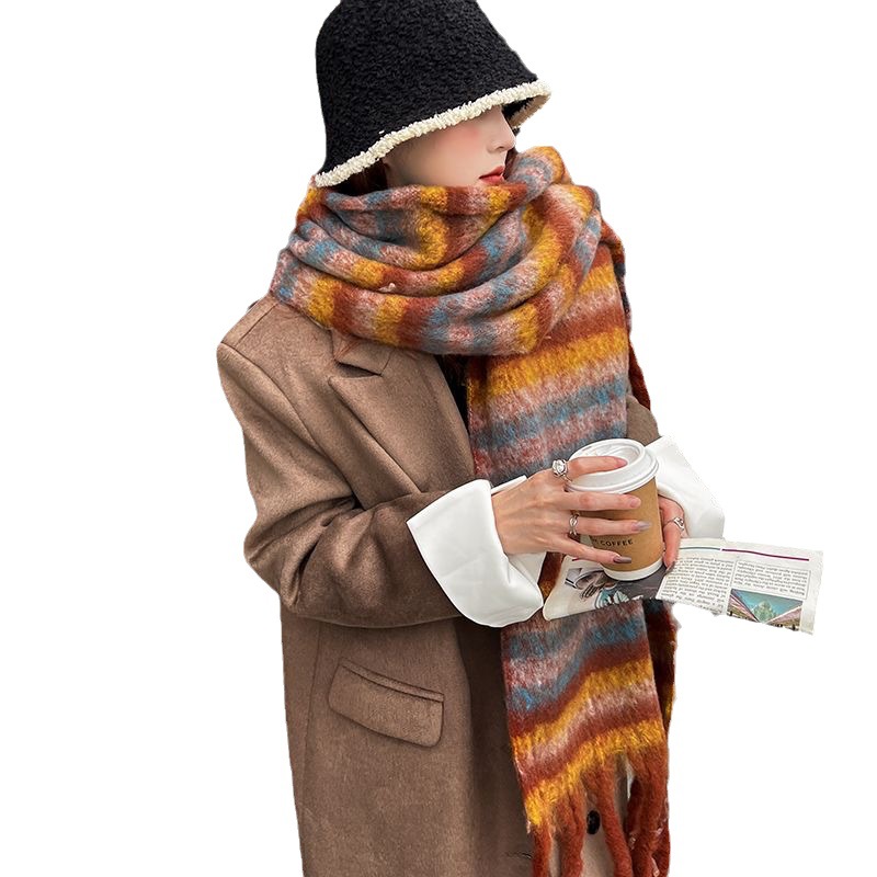 Korean version striped color contrast patchwork scarf mohair tassel scarf for women in winter, versatile shawl for_voghion.com