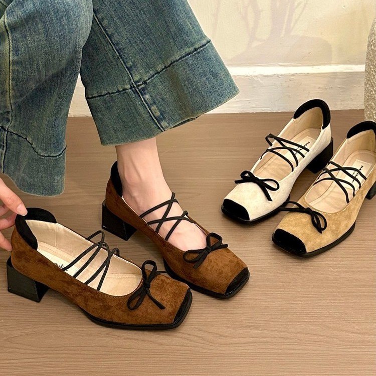 Autumn elegant Mary Jane shoes square toe with bow