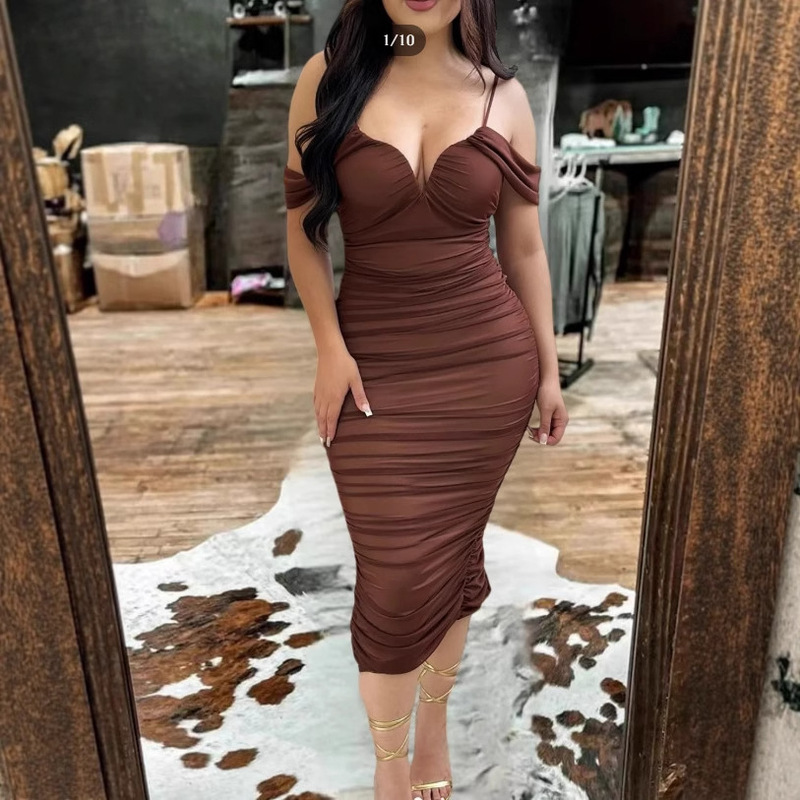 2025 European and American Women's Fashion Spaghetti Strap Bustier Amazon Sexy Tight Cross-Border Ruched Slim Solid Color Dress