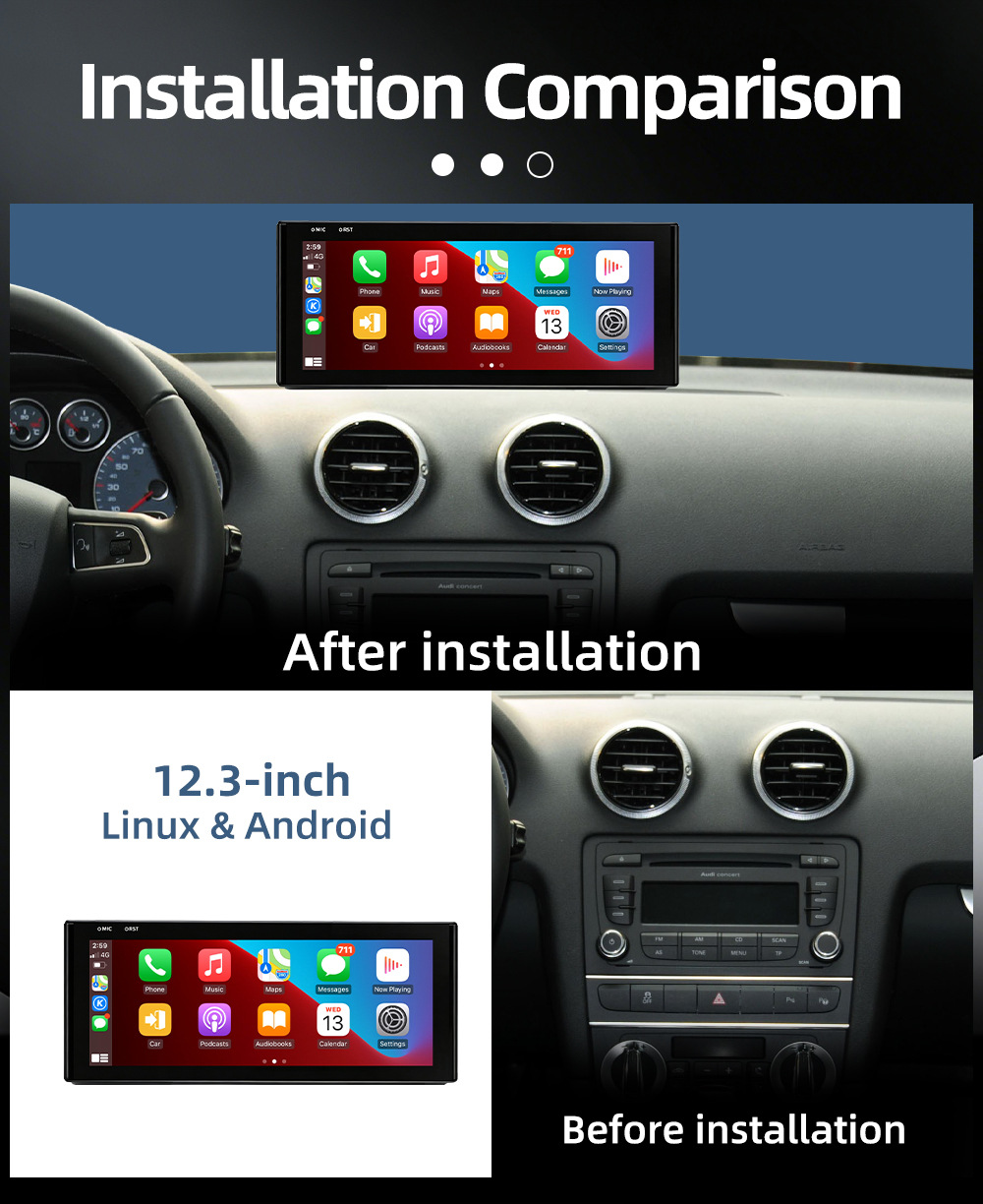 Car-mounted central control large screen suitable for Audi A3 8V 2013-2018, Android navigation, Bluetooth, wireless Carplay