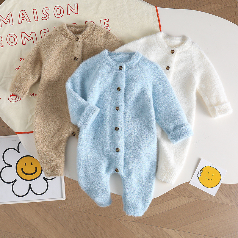 Super Cute Newborn Baby Fall/Winter Plush Jumpsuit for Boys and Girls Baby Clothes Sweater Knitted Climbing Wear