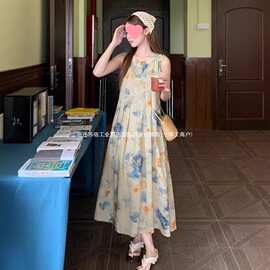 港风复古chic印花连衣裙女夏季感气质垂感超好看无袖背心长裙