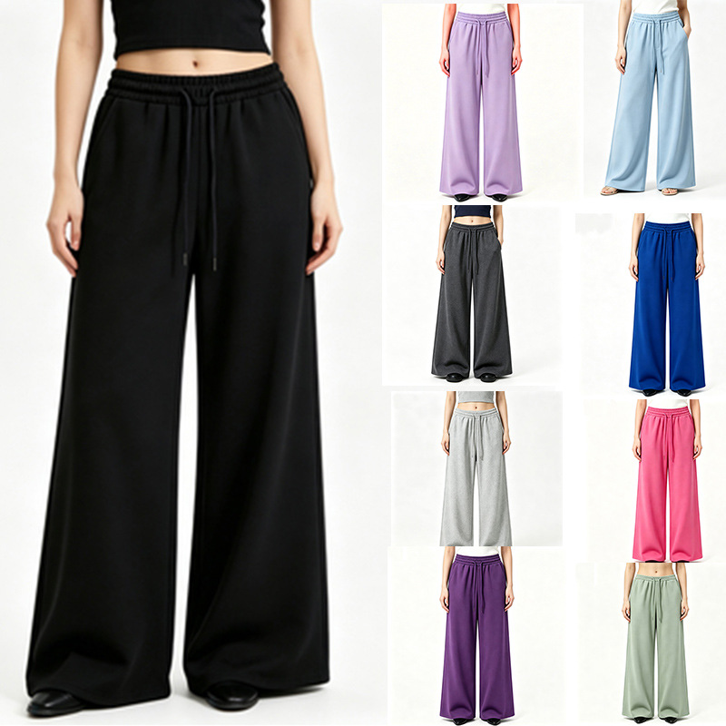 Cross-Border European and American Women's Pants Autumn and Winter Fleece Soft Wide-Leg Pants Casual Running Long Pants Elastic Waist Loose Straight-Leg Pants
