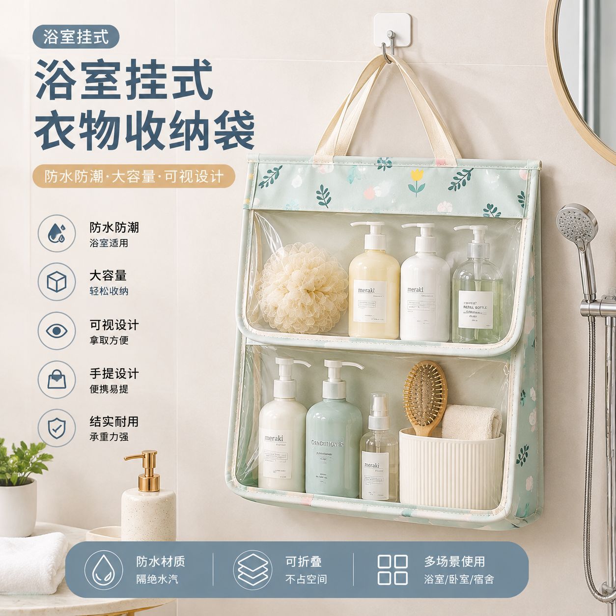 Waterproof storage bag for bathroom clothes, no-drill hook bag, portable storage bag for bathroom toiletries, custom-made