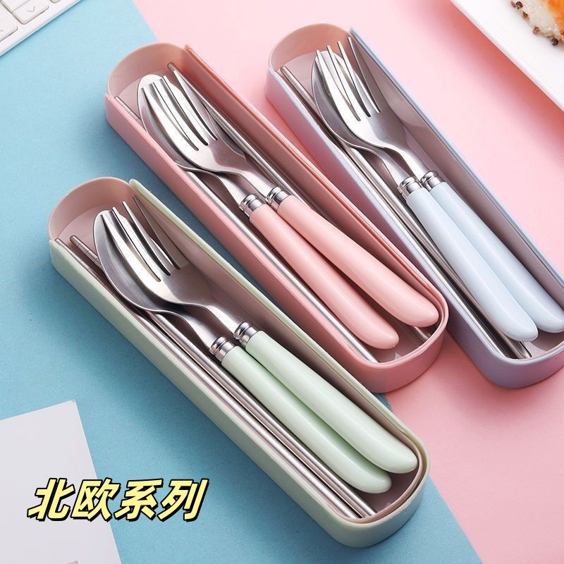 ステンレス製携帯食器、プラスチック製の持ち手付きフォーク、スプーン、箸、家庭用学生・子供用簡易食器3点セット、クロスボーダー|undefined