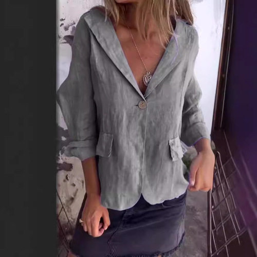 Spring Artistic Plus Size Loose Solid Color Button Blazer Collar Cotton Linen Women's Suit Jacket