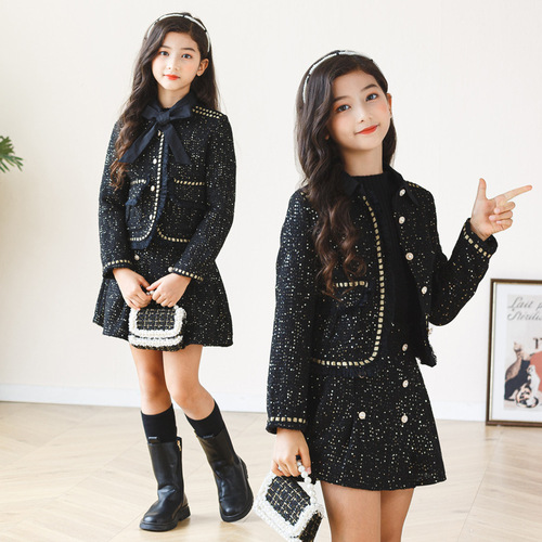 Children's and girls' new autumn and winter 2024 fashionable Korean princess skirt black small fragrant style jacket half skirt two-piece set