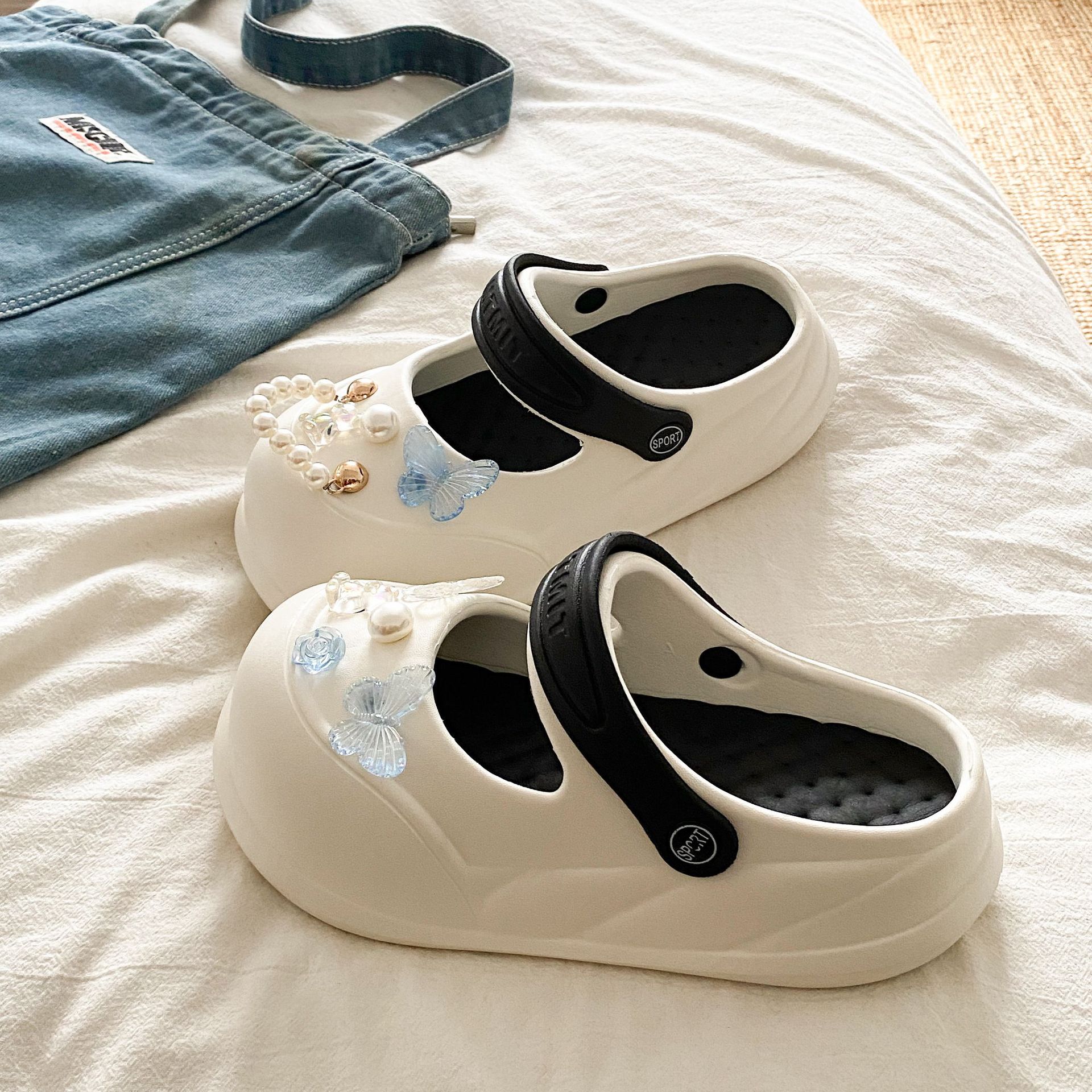 화이트 블랙·비드체인 나비진주