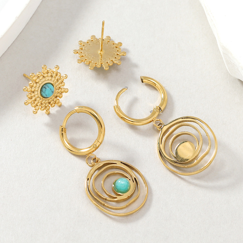 Exotic style natural turquoise titanium temperament stainless steel earrings circular personalized earring set_voghion.com