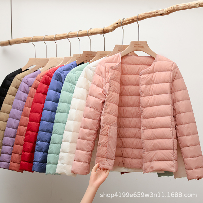 2025 Lightweight Women's Short Round Neck Autumn and Winter New Casual Round Neck Warm Jacket Solid Color Long Sleeve down Jacket Liner