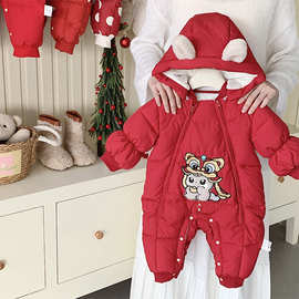 婴儿衣服冬装婴幼儿连体衣加绒宝宝礼服满月百天抓周岁拜年服棉服