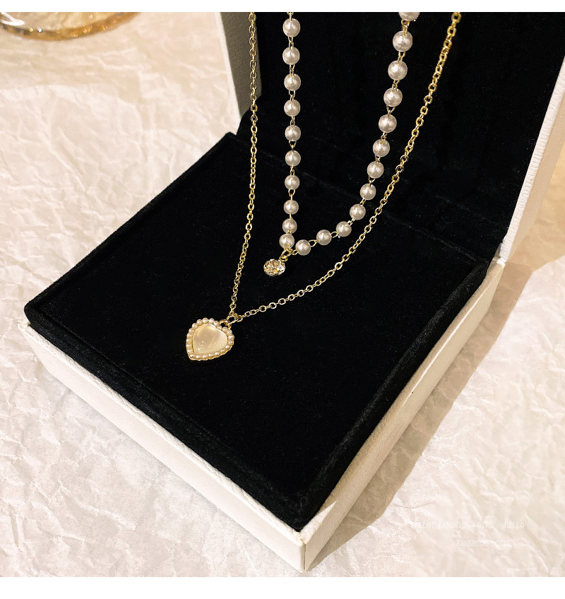 Mode Herzform Titan Stahl Halskette Künstliche Perlen Zirkon Edelstahl Halsketten display picture 5