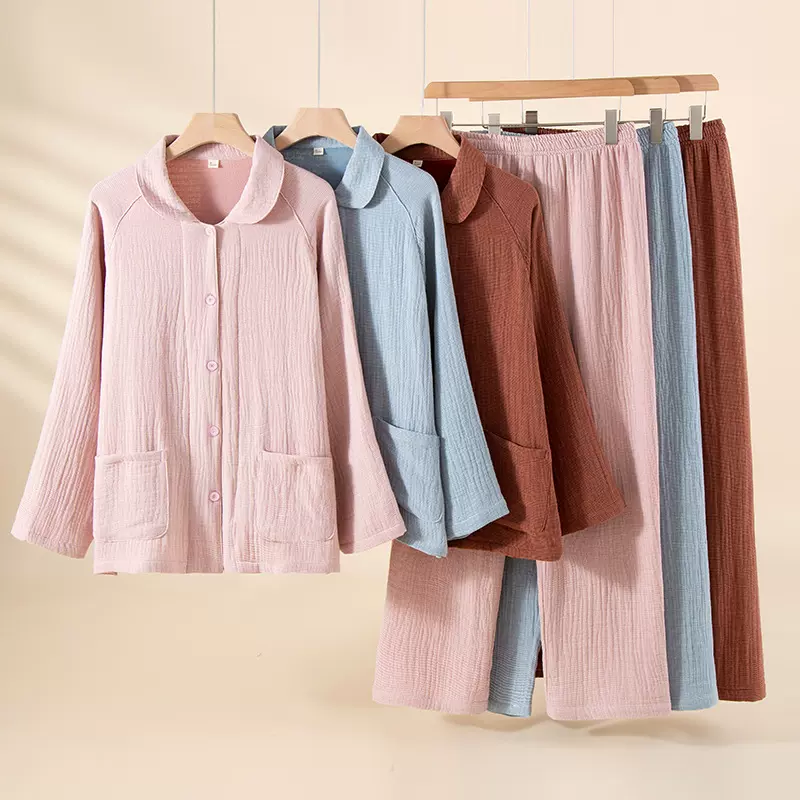 【四层纱】女士全棉家居服套装翻领长袖长裤简约秋冬宽松透气舒适