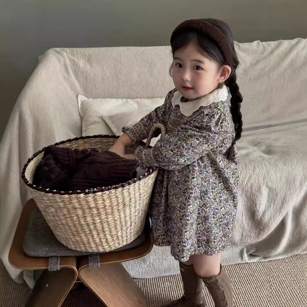 Jella-ropa infantil para niñas, vestido Floral, otoño 2025, nuevo vestido Retro de estilo coreano con mangas largas fruncidas para niños.