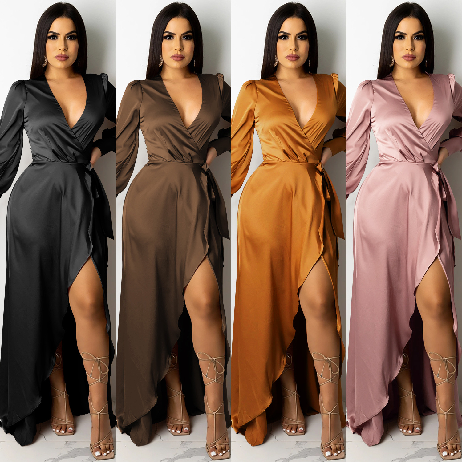 X5373 Amazon eBay moda europea y americana sexy color sólido mujeres profundo V encaje-arriba de manga larga vestido partido vestido