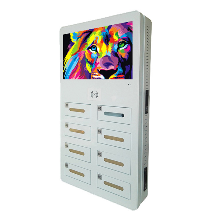 壁挂21.5寸8门手机充电广告机 刷卡/密码开门手机柜 高清播放广告