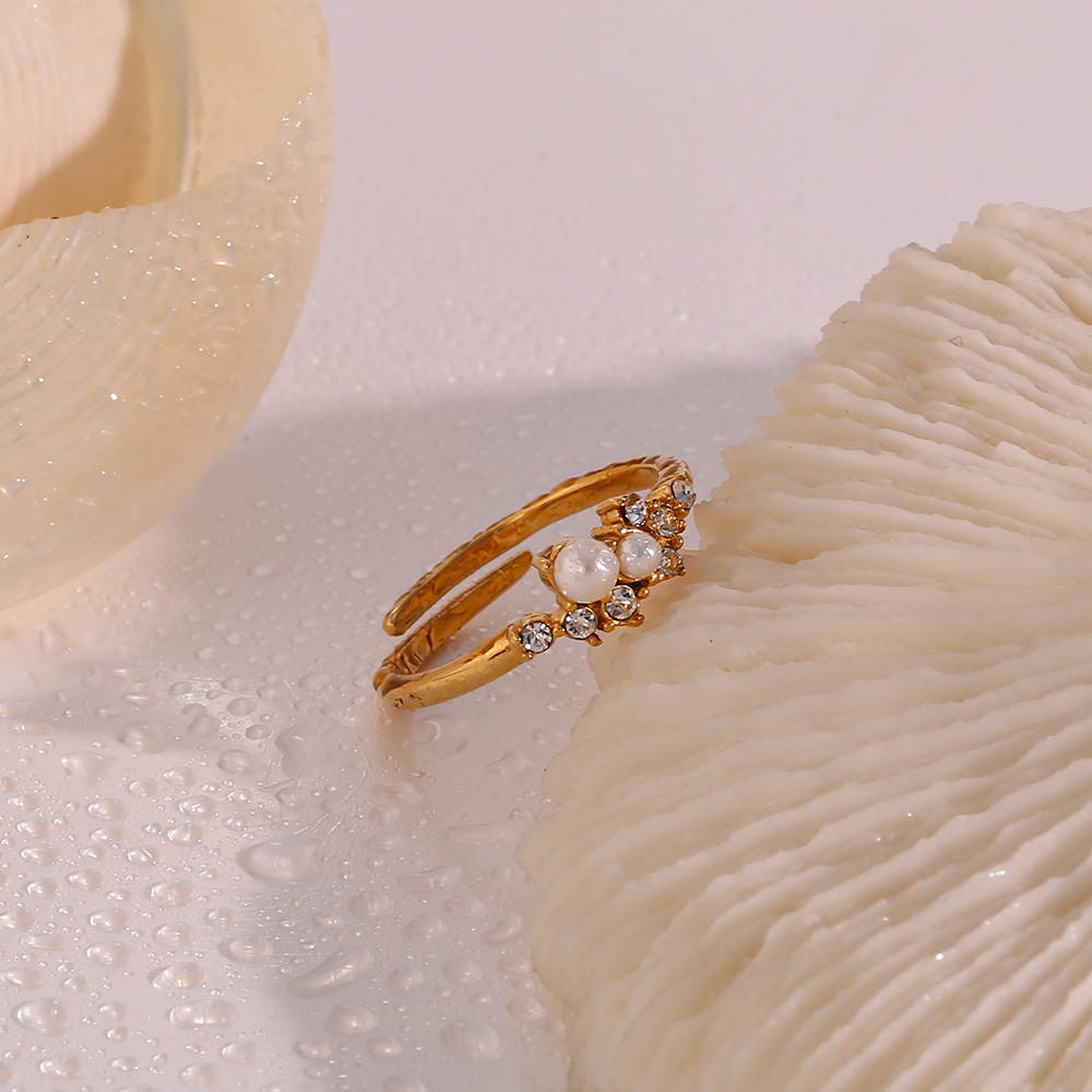 Fashion Geometric Stainless Steel Inlay Artificial Pearls Zircon Open Ring 1 Piece