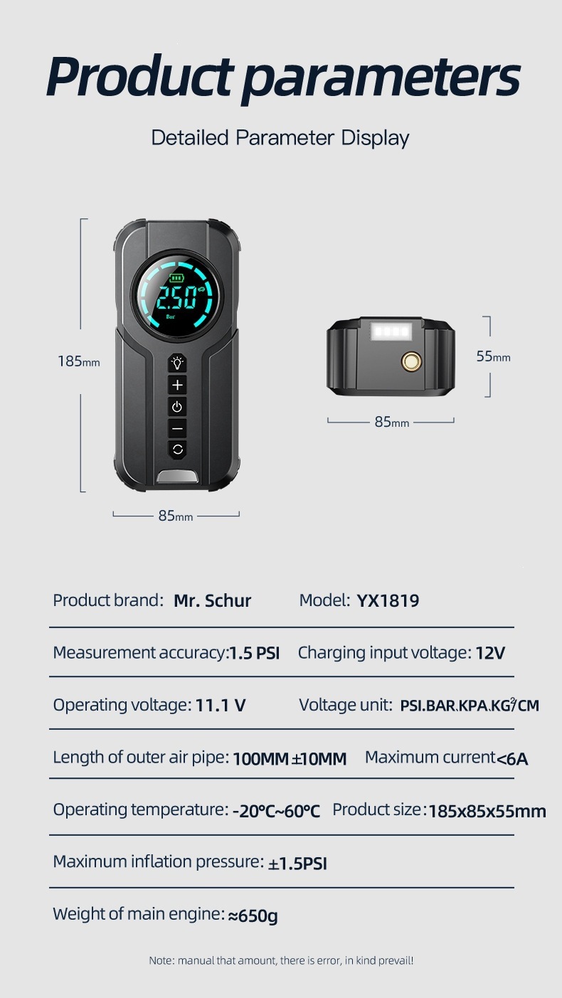 Cross-border YX1819 new model portable car air pump, electric, wireless, with digital display, mini air pump
