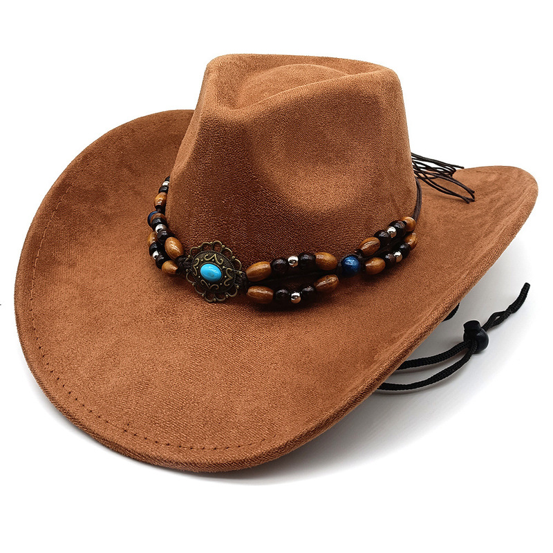 Western Cowboy Hat with Xizang-Style Wooden Bead Accessories, Fashionable Hat for Autumn and Winter, New Style with Large Brim Made of Deerskin for Riding