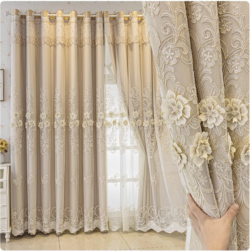 Curtain Double Layer with Yarn Light Luxury Complete Set of Embroidered Curtain Finished Bedroom Shading Cloth Sand Double Layer Integrated Curtain Double Layer with Yarn Light Luxury Complete Set of Embroidered Curtain Finished Bedroom Shading Cloth Sand Double Layer Integrated
