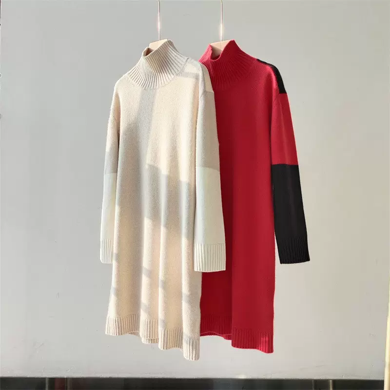 LP秋冬拼色设计高领羊绒针织连衣裙气质直筒中长裙女撞色撞色设计
