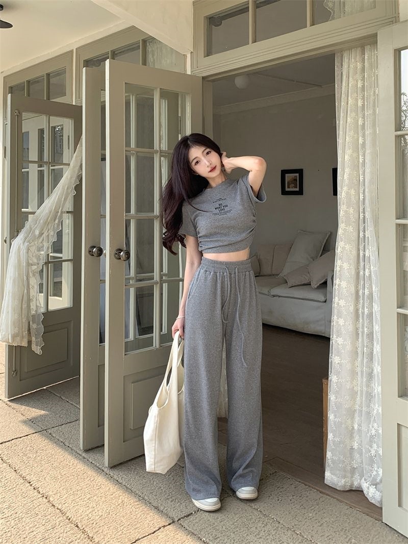 Women's Clothing Style Women's Two Piece Set Casual Gray Summer Top And Wide Leg Trousers Drawstring Tie Short Sleeved Outfit_ecoleips.com