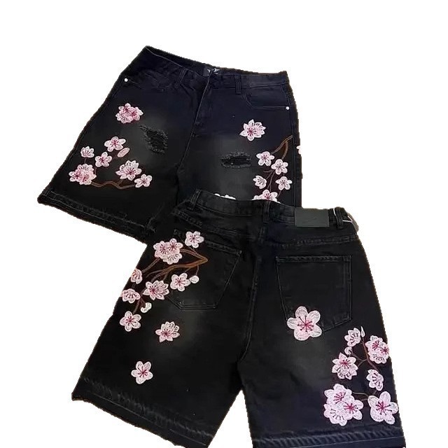 ヨーロッパとアメリカのクロスボーダー Y2K ゴシック桜刺繍デニムショートパンツメンズ夏の新しいレトロヒップホップストリートパンツイン|undefined