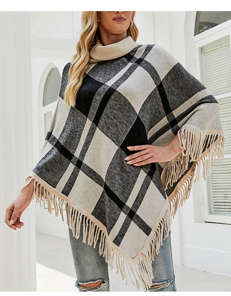 High Neck Fringed Plaid Loose Shawl Sweater NSMMY84040