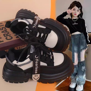 Girls' Spring and Autumn Small Leather Shoes Soft Sole Children's College Style 2024 Fashion Children's Single-layer Shoes Lace-up All-match Trendy Thick Sole