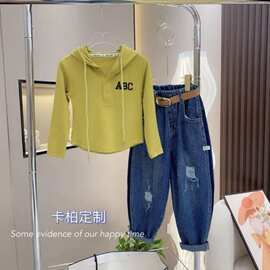 女童裤子韩版新款女宝宝时髦上衣阔腿牛仔裤女孩休闲长裤两件套潮