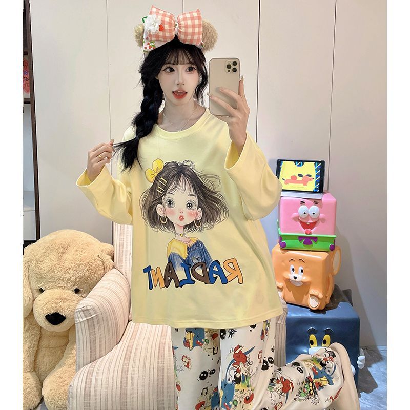Al por mayor transfronterizo otoño nuevo pegamento de algodón de manga larga de cuello redondo pijama de mujer dibujos animados dulce ropa de estilo doméstico se puede usar