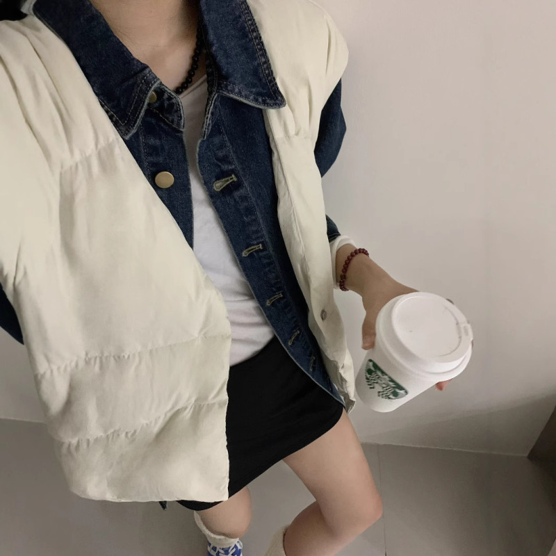 2025 New Winter Korean Style Loose Casual Versatile Denim Shirt Collar down Vest Fake Two-Piece Vest Vest 2025 New Winter Korean Style Loose Casual Versatile Denim Shirt Collar down Vest Fake Two-Piece Vest Vest