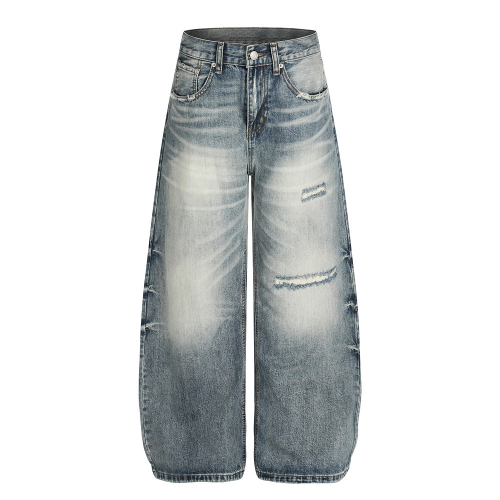 Men's Punk Retro Ripped Washed Jeans High Street Trendy Distressed Chic Wide Leg Pants mid Waist Long Softener Machine Washable_mkmklike.com