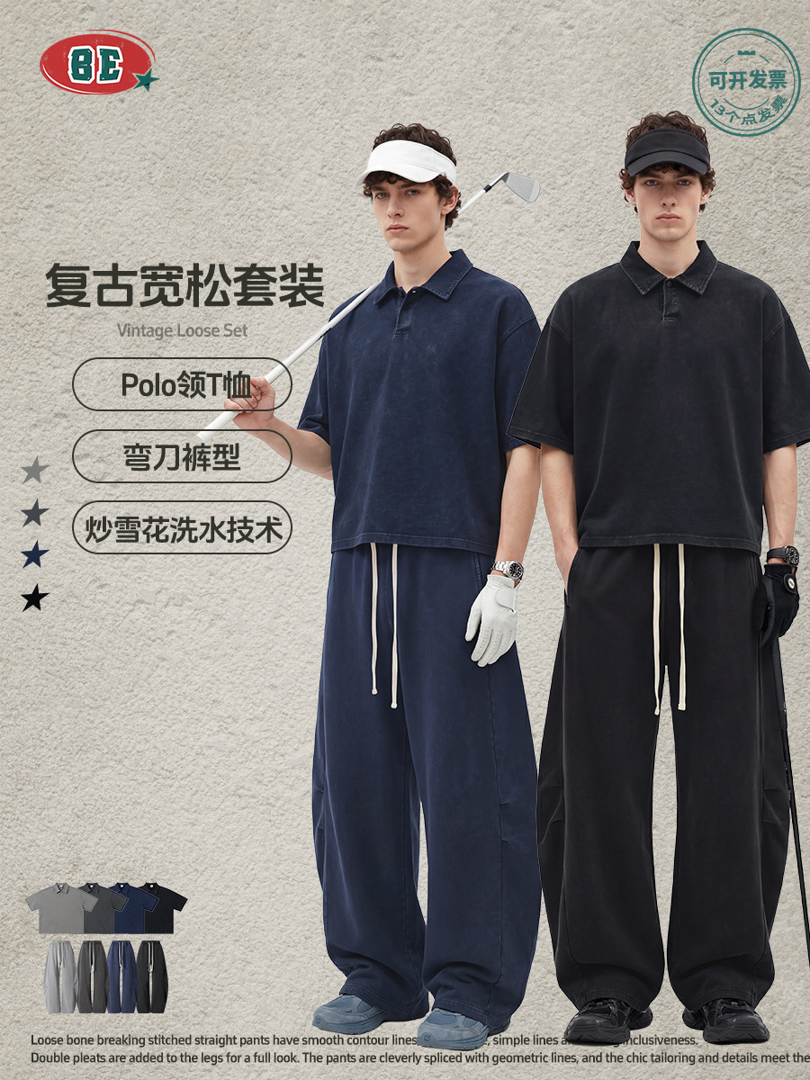 Be Hombres| Polo retro americano con solapa de mangas cortas macheta pantalones rectos de dos piezas set de ocio deportivo