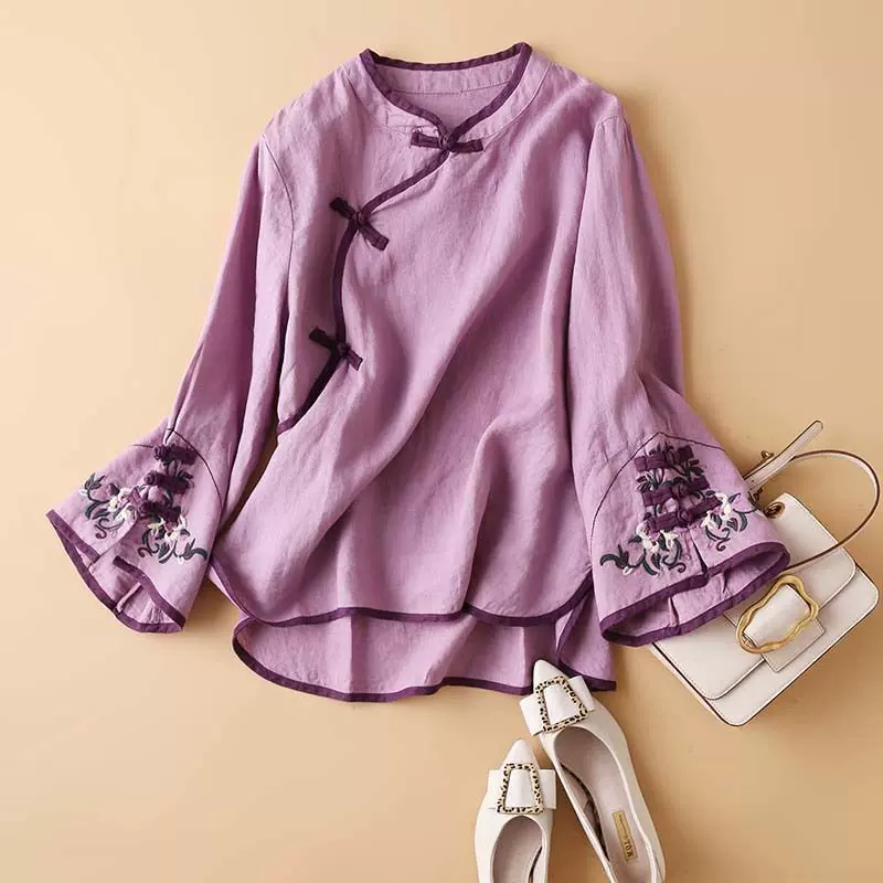 春季衣服女2025新款中国风国潮女斜襟盘扣上衣文艺刺绣宽松女衬衫