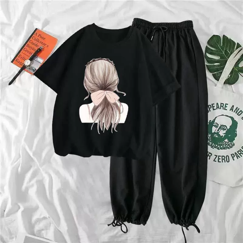 Одежда для девочек средней школы, летний новый корейский стиль, свободная рубашка с короткими рукавами + широкие брюки с высокой талией, модный комплект из двух предметов