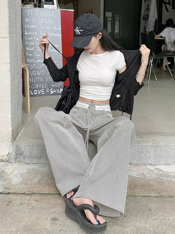 条纹花边腰头拼接直筒休闲裤女秋季新款抽绳高腰显瘦宽松阔腿长裤|undefined