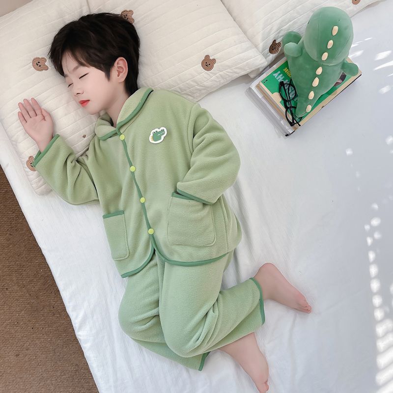 男童奥粒绒睡衣秋冬儿童卡通开衫家居服冬加厚保暖宝宝法兰绒套装|undefined