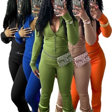 HR24066 欧美女装 运动休闲紧身拉链低腰翻折微喇叭加绒套装