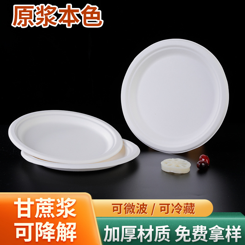 Sugarcane Pulp Disposable Degradable Dinner Plate Round Cake Plate Barbecue Dip Dip Plate Picnic Thickened Dinner Plate