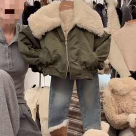 女童冬季套装新款毛毛翻领橄榄绿儿童潮酷夹克外套加绒加厚牛仔裤