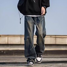 美式复古解构拼接做旧牛仔裤女潮牌vibe宽松情侣水洗直筒阔腿裤子
