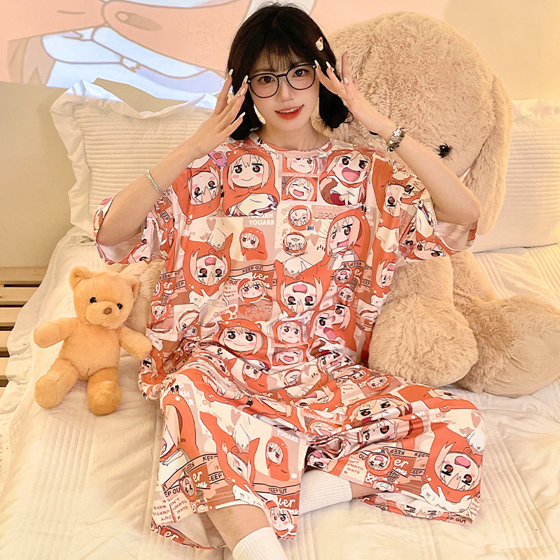 简约日系睡裙中长款宽松超大版型睡衣针织棉短袖家居服夏季男女