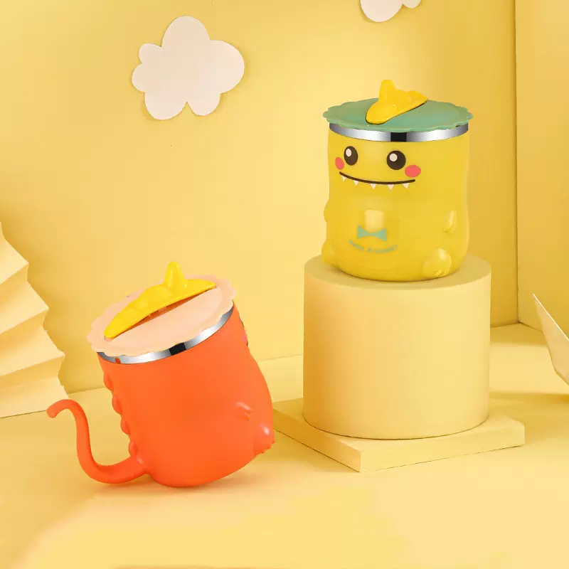 304不锈钢儿童吸管水杯 双层隔热卡通恐龙造型牛奶杯宝宝学饮杯子