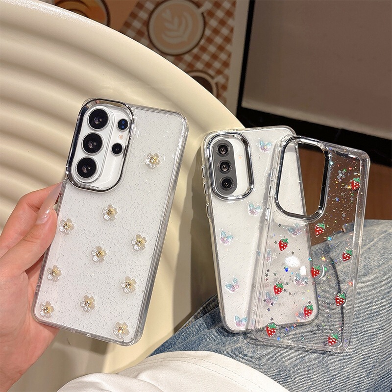 Suitable for Samsung S26Ultra Transparent Glitter S25 Fresh Style A55 New Butterfly Strawberry Flower Phone Case for Women